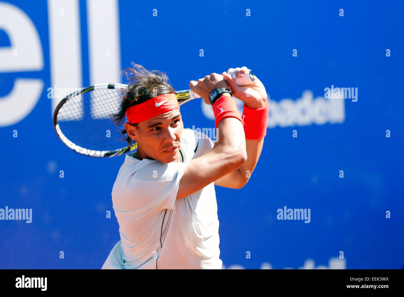 Spanish tennis player Rafael Nadal playing at the Banc Sabadell ATP