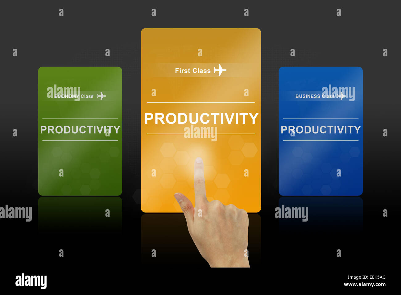 hand pushing on productivity first class card Stock Photo