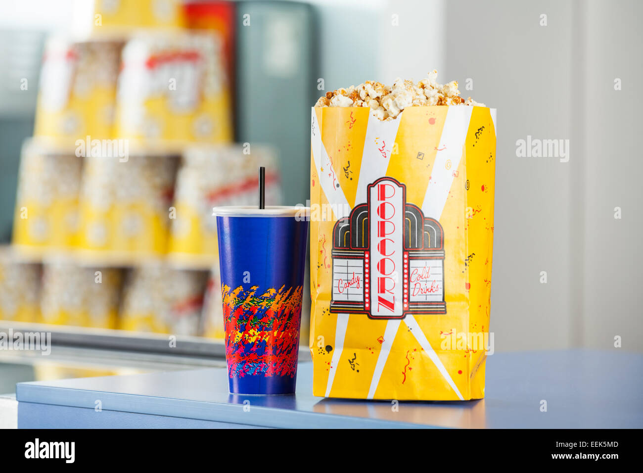 Snacks On Concession Counter At Cinema Stock Photo
