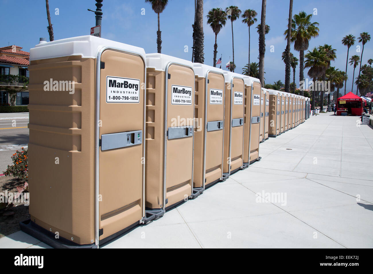 Portable rest rooms on the boardwalk in Santa Barbara California on American Independence day Stock Photo