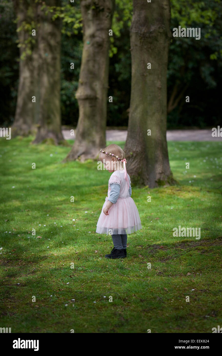 Little girl in a pink dress exploring parkland in spring Stock Photo ...