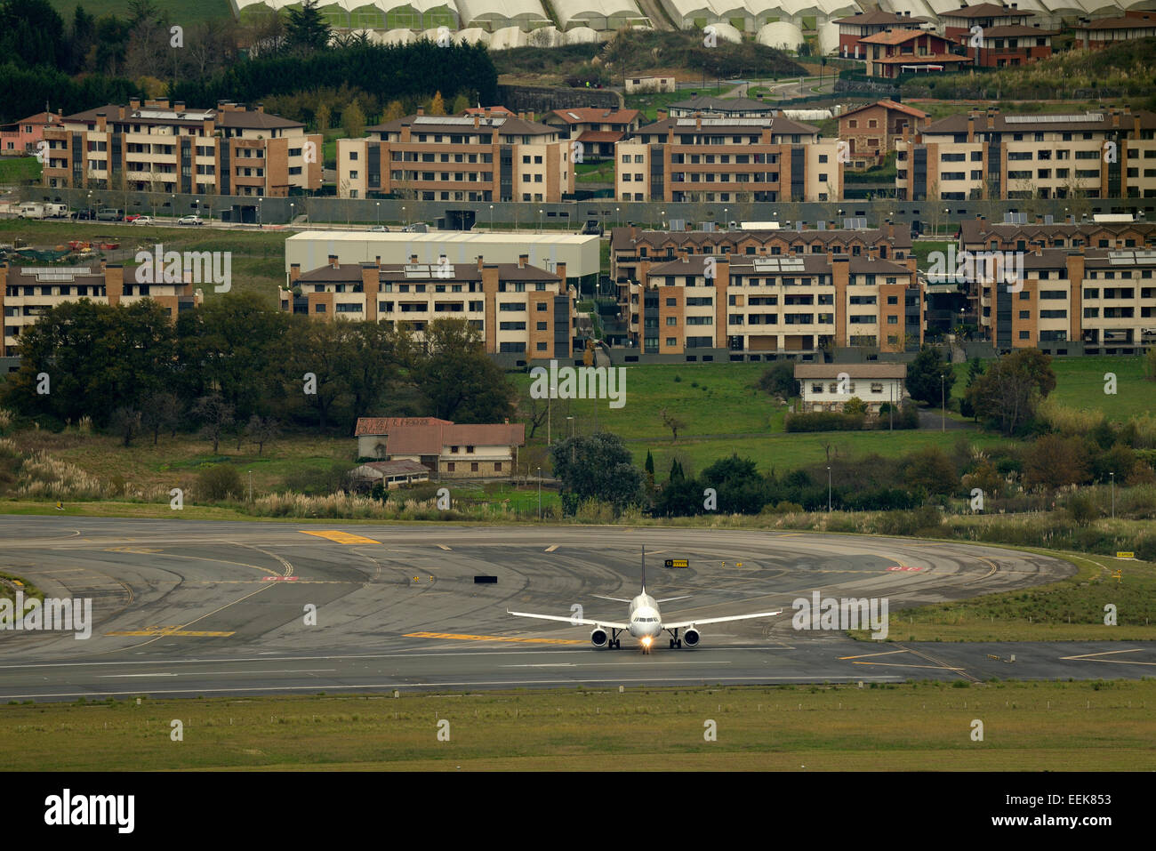 Take Off from Loiu Airport, Bilbao, Biscay, Basque Country, Euskadi, Spain Stock Photo