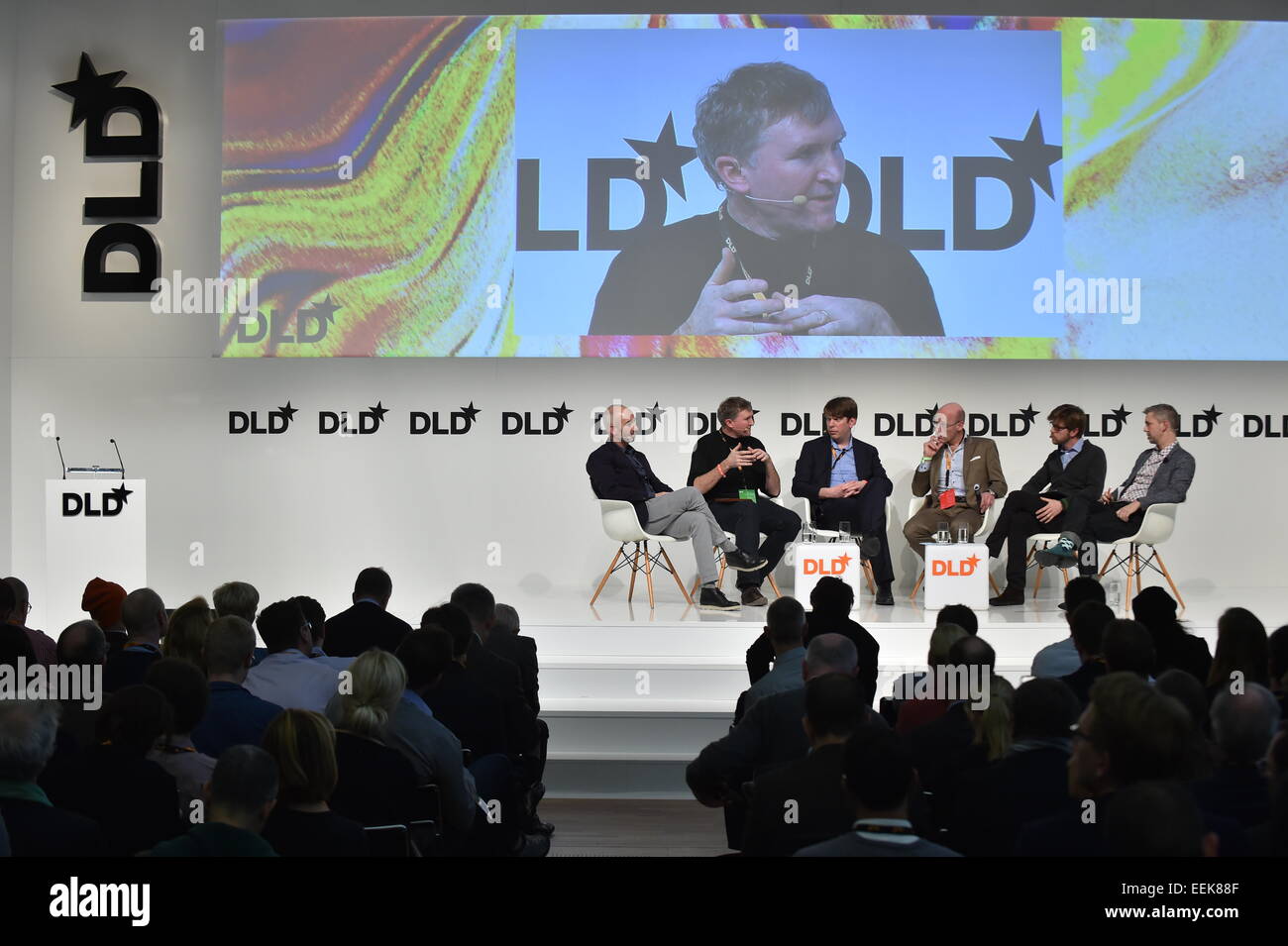 MUNICH/GERMANY - JANUARY 19: Gadi Amit (New Deal Design), Brady Forrest (PCH), Nial Murphy (Evrything), Roman Friedrich (Strategy&), Lars Hinrichs (Cinco Capital) sit togethert on the podium during the DLD15 (Digital-Life-Design) Conference at the HVB Forum on January 19, 2015 in Munich, Germany. DLD is a global network of innovation, digitization, science and culture, which connects business, creative and social leaders, opinion formers and influencers for crossover conversation and inspiration.(Photo: picture alliance / Kai-Uwe Wärner)/picture alliance Stock Photo