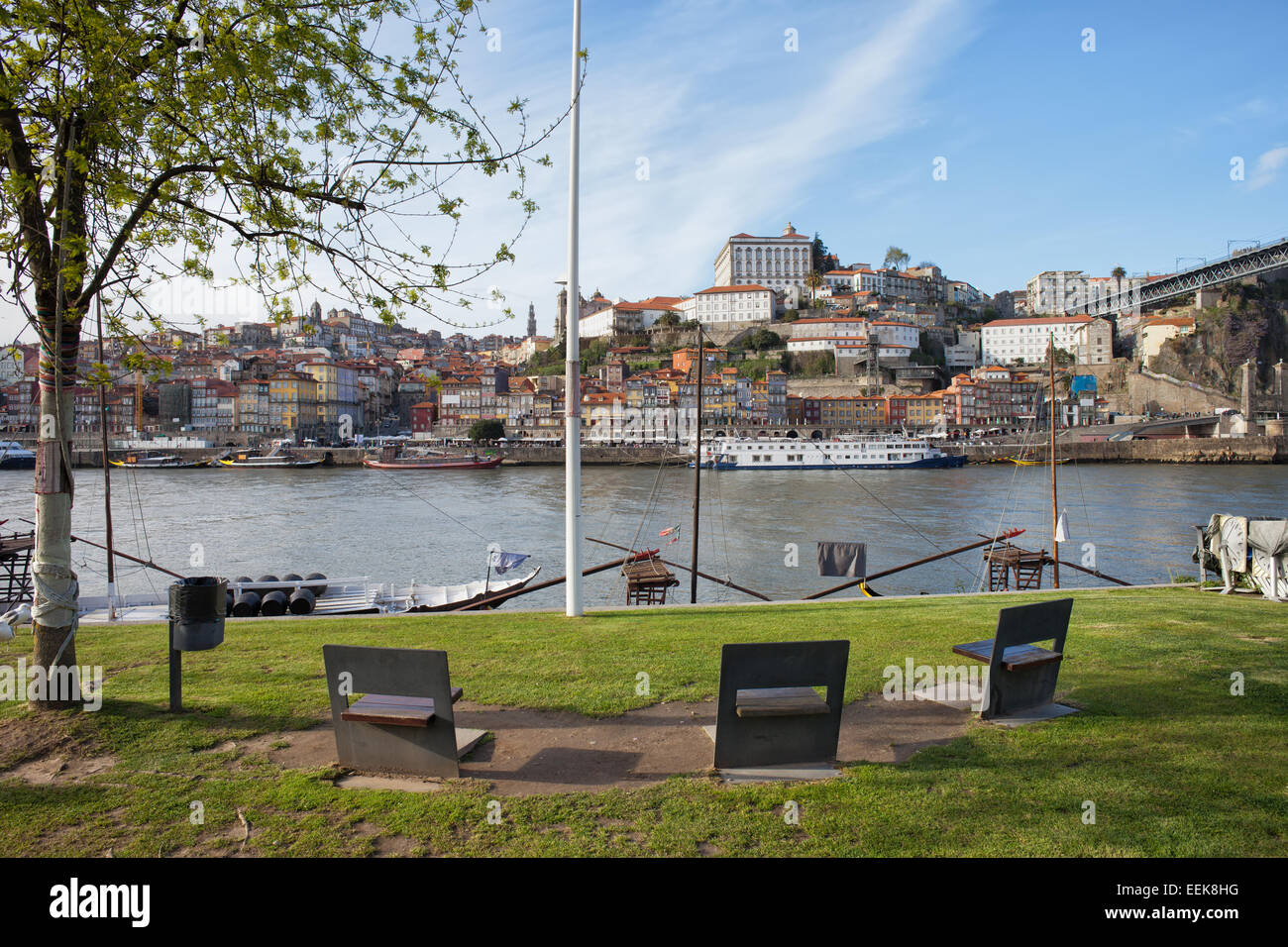 City of Porto in Portugal skyline, view from the Vila Nova de Gaia shore of the Douro river. Stock Photo