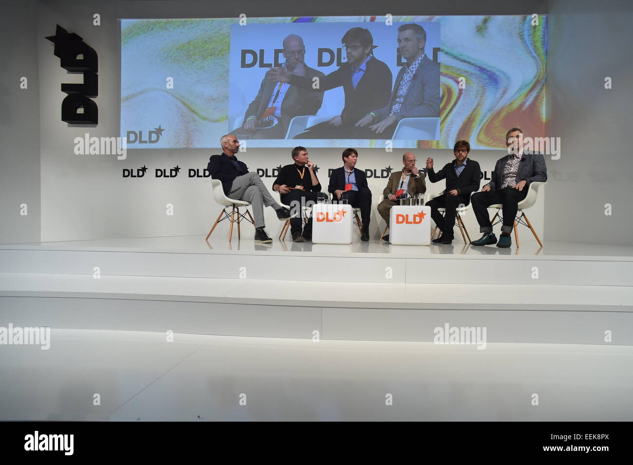 MUNICH/GERMANY - JANUARY 19: Gadi Amit (New Deal Design), Brady Forrest (PCH), Nial Murphy (Evrything), Roman Friedrich (Strategy&), Lars Hinrichs (Cinco Capital) sit togethert on the podium during the DLD15 (Digital-Life-Design) Conference at the HVB Forum on January 19, 2015 in Munich, Germany. DLD is a global network of innovation, digitization, science and culture, which connects business, creative and social leaders, opinion formers and influencers for crossover conversation and inspiration.(Photo: picture alliance / Kai-Uwe Wärner)/picture alliance Stock Photo