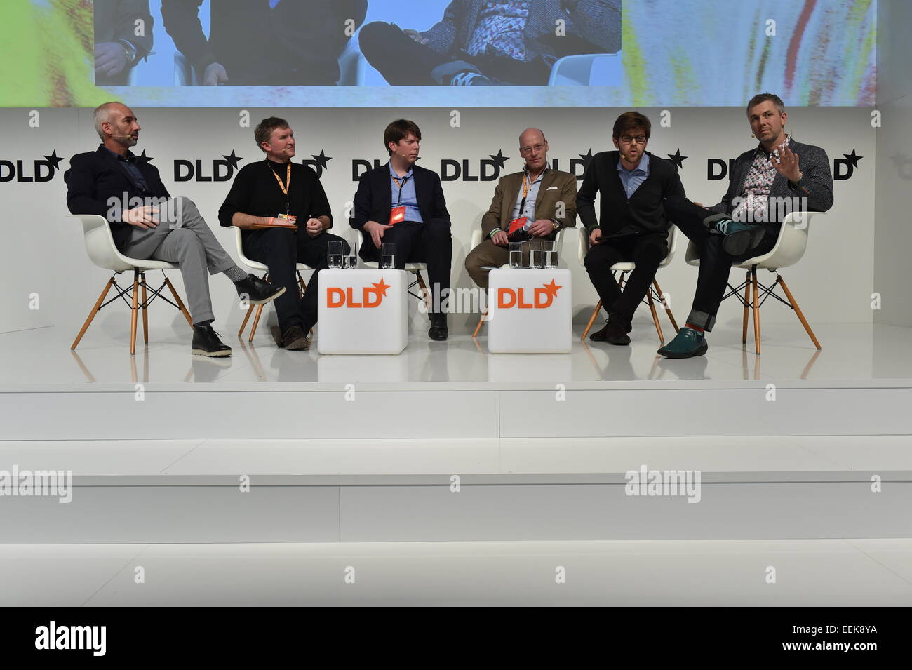 MUNICH/GERMANY - JANUARY 19: Gadi Amit (New Deal Design), Brady Forrest (PCH), Nial Murphy (Evrything), Roman Friedrich (Strategy&), Lars Hinrichs (Cinco Capital) sit togethert on the podium during the DLD15 (Digital-Life-Design) Conference at the HVB Forum on January 19, 2015 in Munich, Germany. DLD is a global network of innovation, digitization, science and culture, which connects business, creative and social leaders, opinion formers and influencers for crossover conversation and inspiration.(Photo: picture alliance / Kai-Uwe Wärner)(Photo: picture alliance / Kai-Uwe Wärner)/picture allian Stock Photo