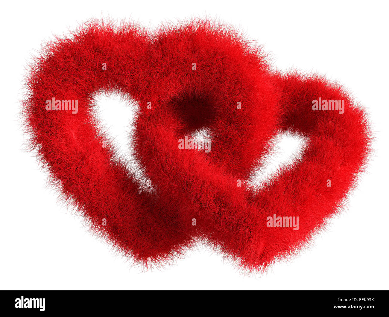 Two joined red plush hearts on white background - Isolated 3D Render Stock Photo
