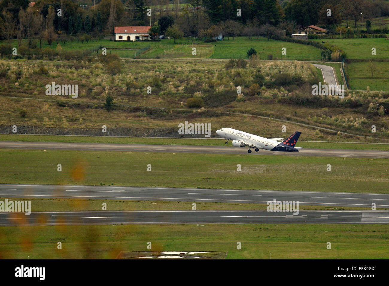 Take Off from Loiu Airport, Bilbao, Biscay, Basque Country, Euskadi, Spain Stock Photo
