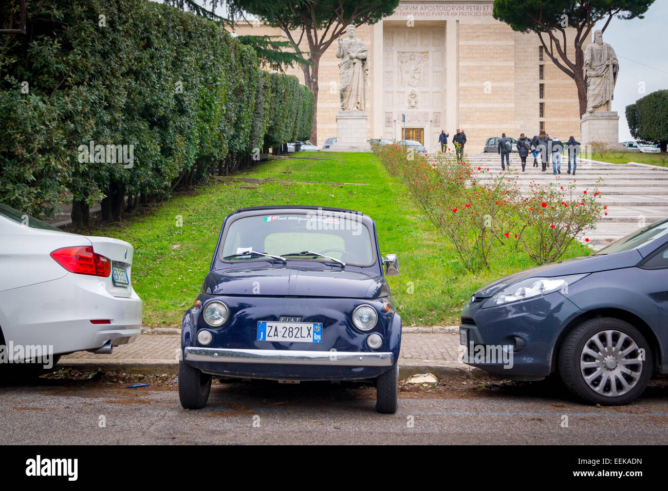 Original Fiat 500 parked on Via del Giordano. Rome EUR district, Italy Stock Photo