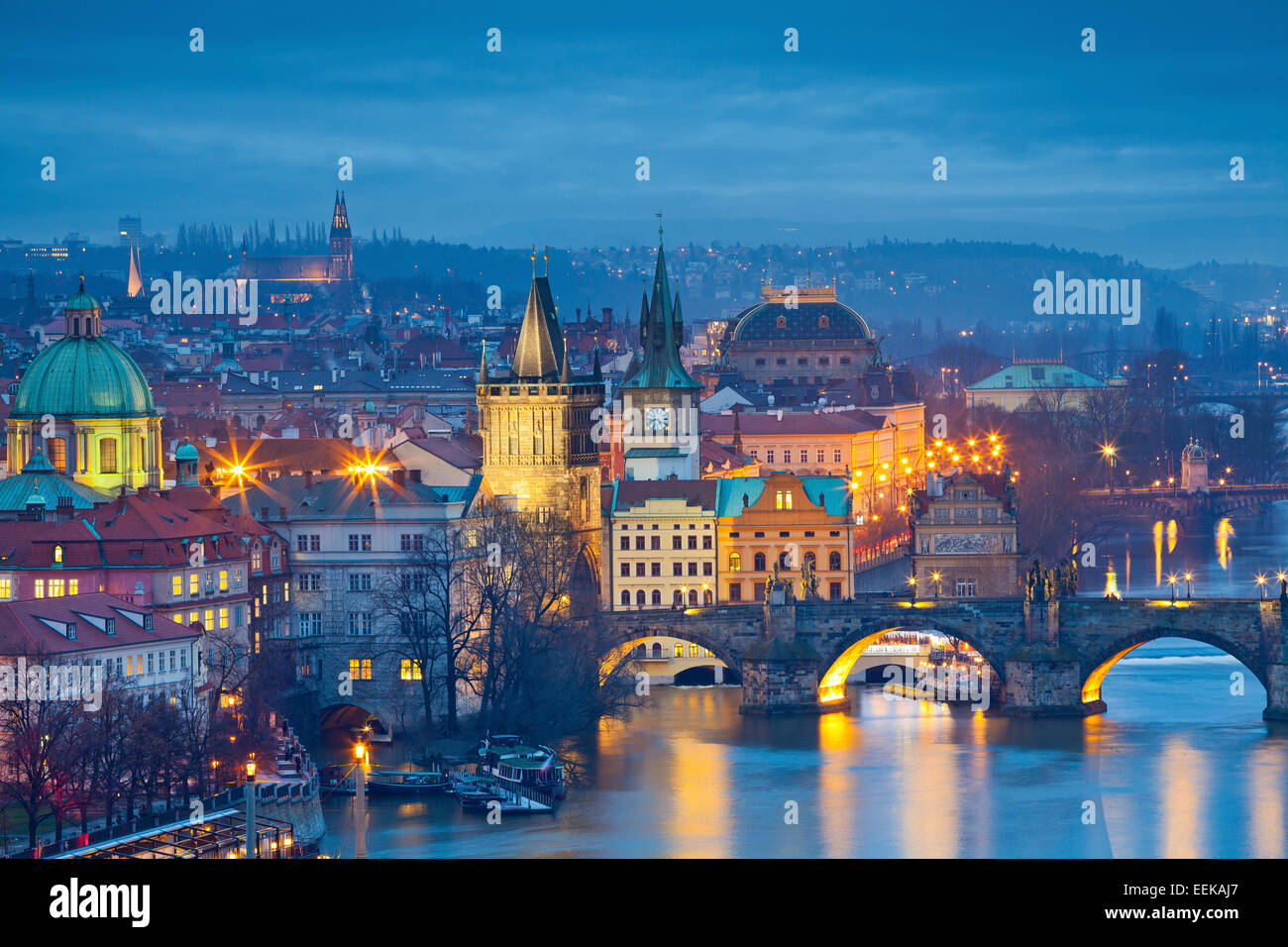 Prague.  Image of Prague, capital city of Czech Republic and Charles Bridge, during twilight blue hour. Stock Photo