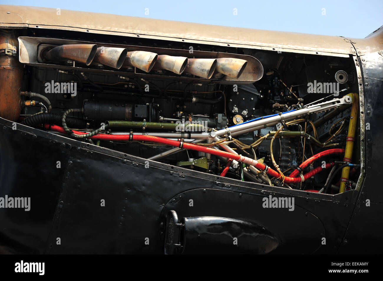 The engine of a restored Avro Lancaster bomber with the engine cover removed. Stock Photo