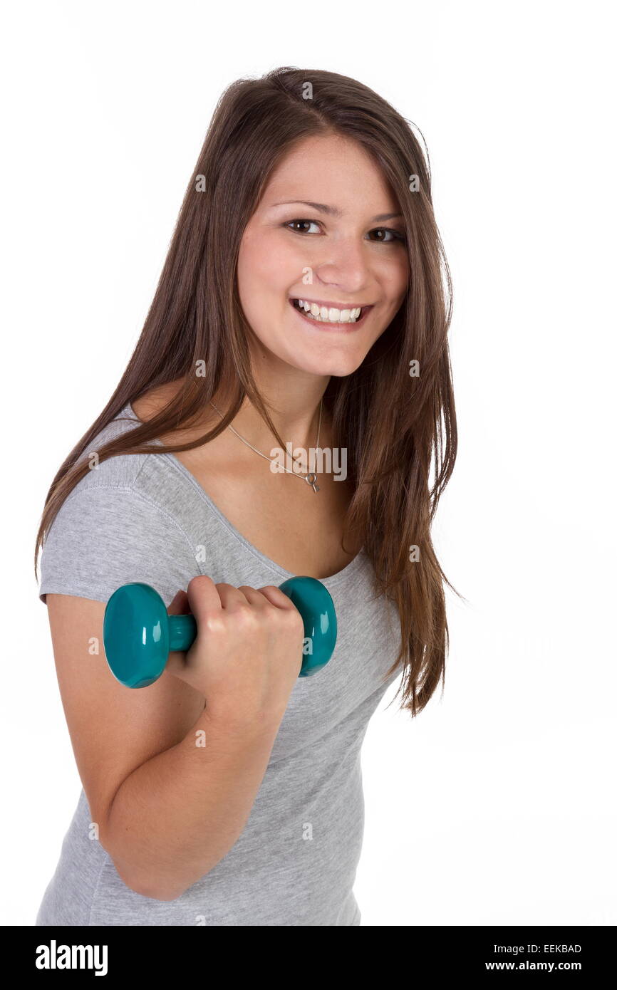 Junge Frau in Sportkleidung mit Hantel Stock Photo