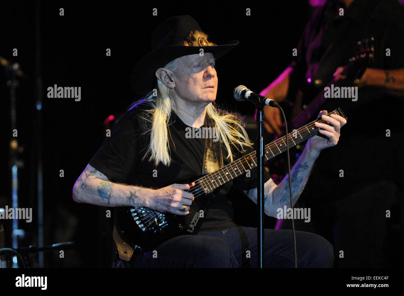 COCONUT CREEK, FL - JULY 17: Texas blues legend Johnny Winter, known for his lightning-fast blues guitar riffs, his striking long white hair and his collaborations with the likes of Jimi Hendrix and childhood hero Muddy Waters, has died in a hotel room in Stock Photo