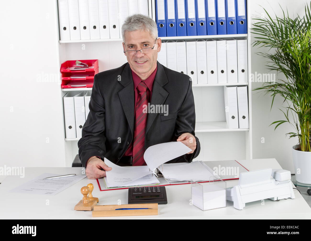 Mann mittleren Alters sitzt im Büro, Middle-aged man sitting in his office Stock Photo