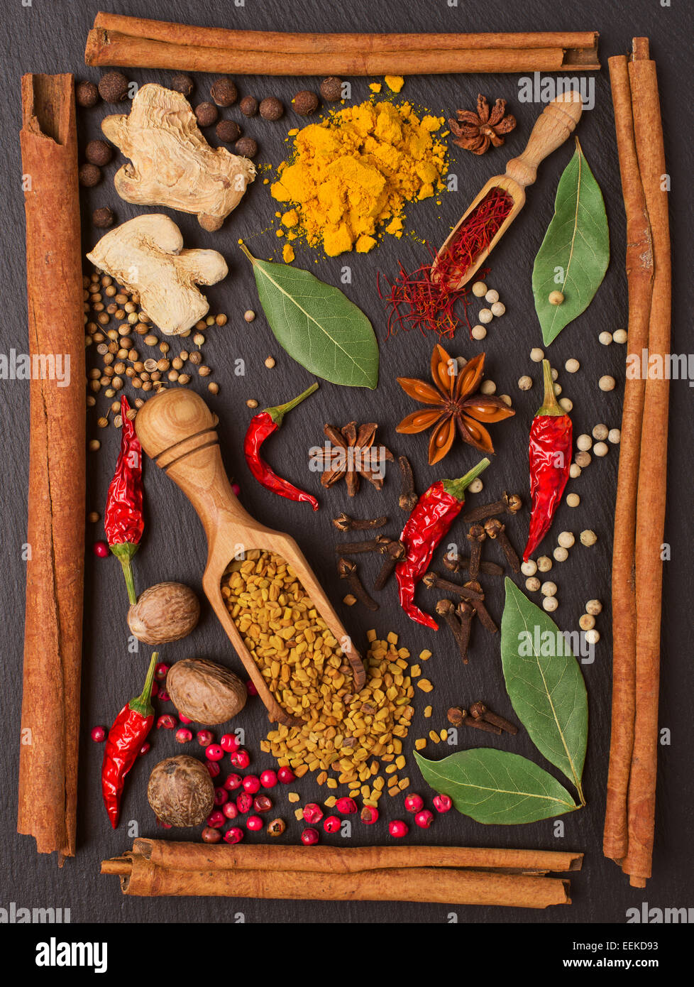 still life with spices and herbs in the frame Stock Photo