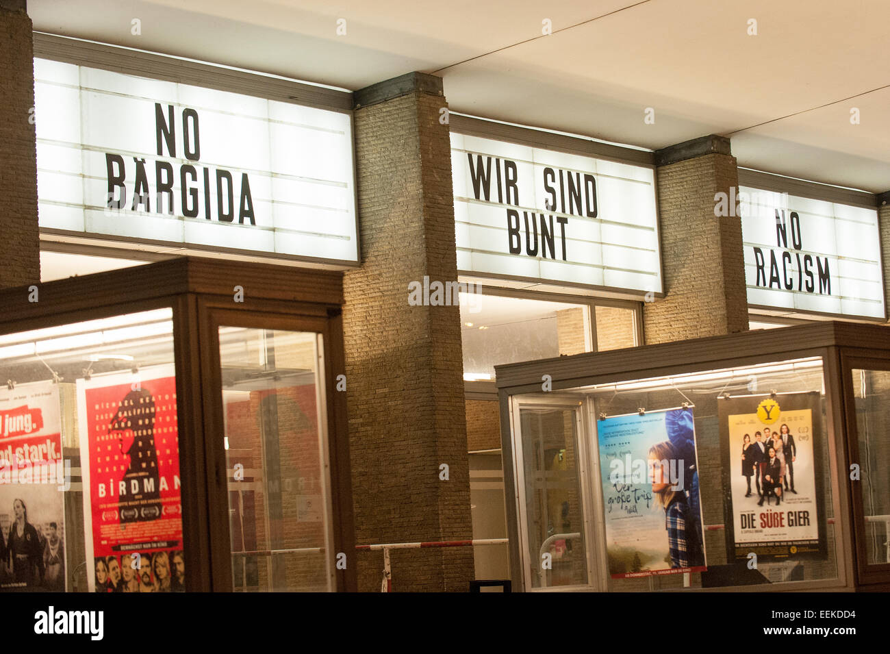 Berlin, Germany. 19th Jan, 2015. Displays that read 'No Baergida - We are colorful - No Racism' can be seen at Kino International as a protest against the Islam-critical Baerdiga movement (Berliner Patriots against the Islamization of the West) in Berlin, Germany, 19 January 2015. A concrete terror threat from Islamists against Pegida led to a police ban for all outdoor gatherings on Monday in Dresden. Photo: PAUL ZINKEN/dpa/Alamy Live News Stock Photo
