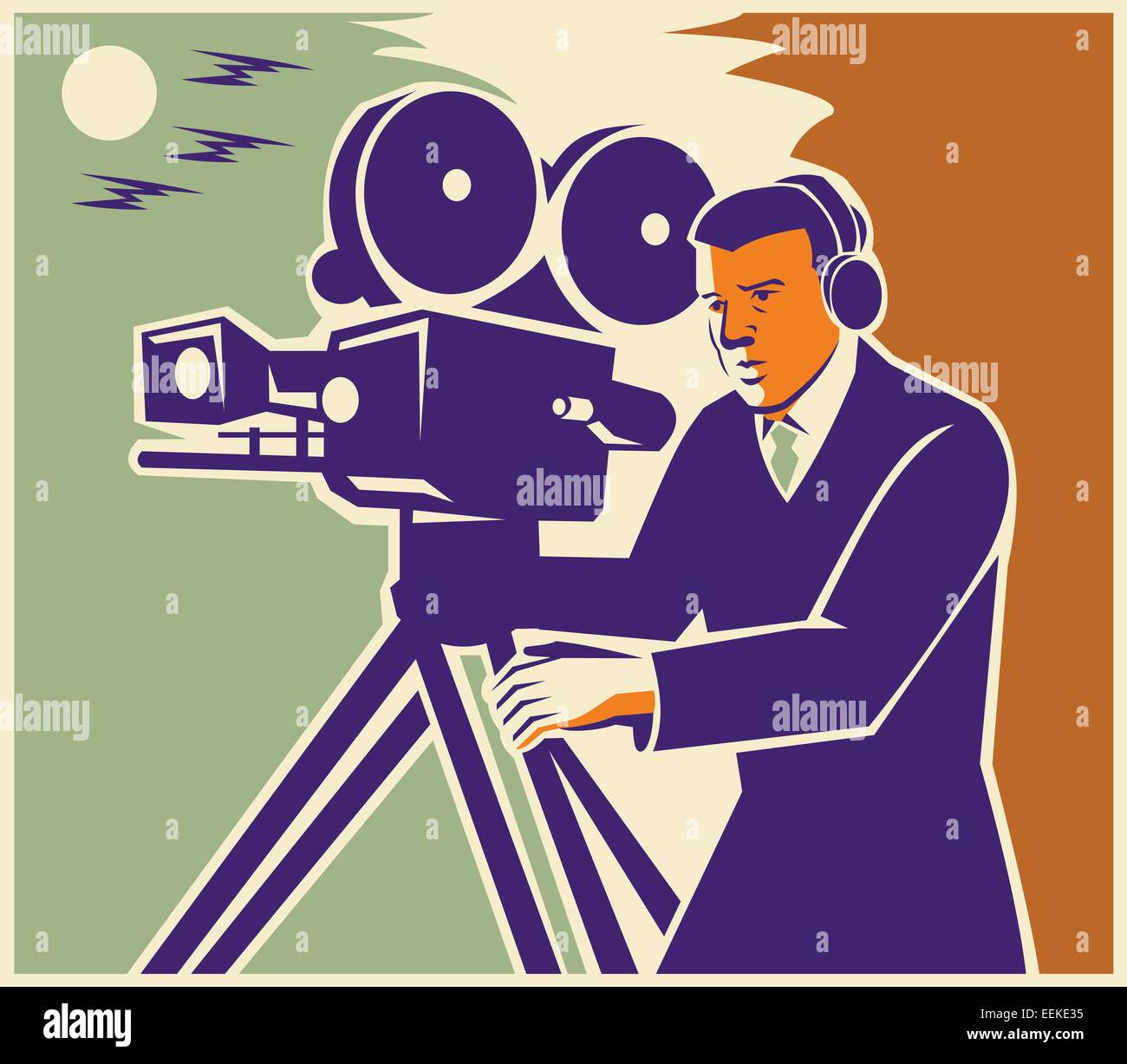 Illustration of a cameraman filmmaker moviemaker with vintage movie camera filming at night with moon and birds flying in the background done in retro style. Stock Photo