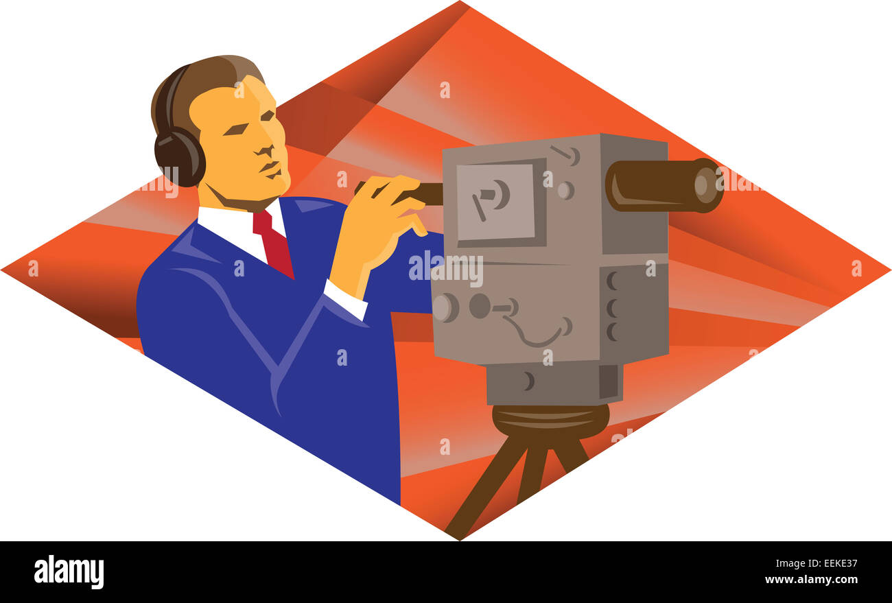 Illustration of a cameraman operator with vintage video camera set inside diamond shape done in retro style. Stock Photo