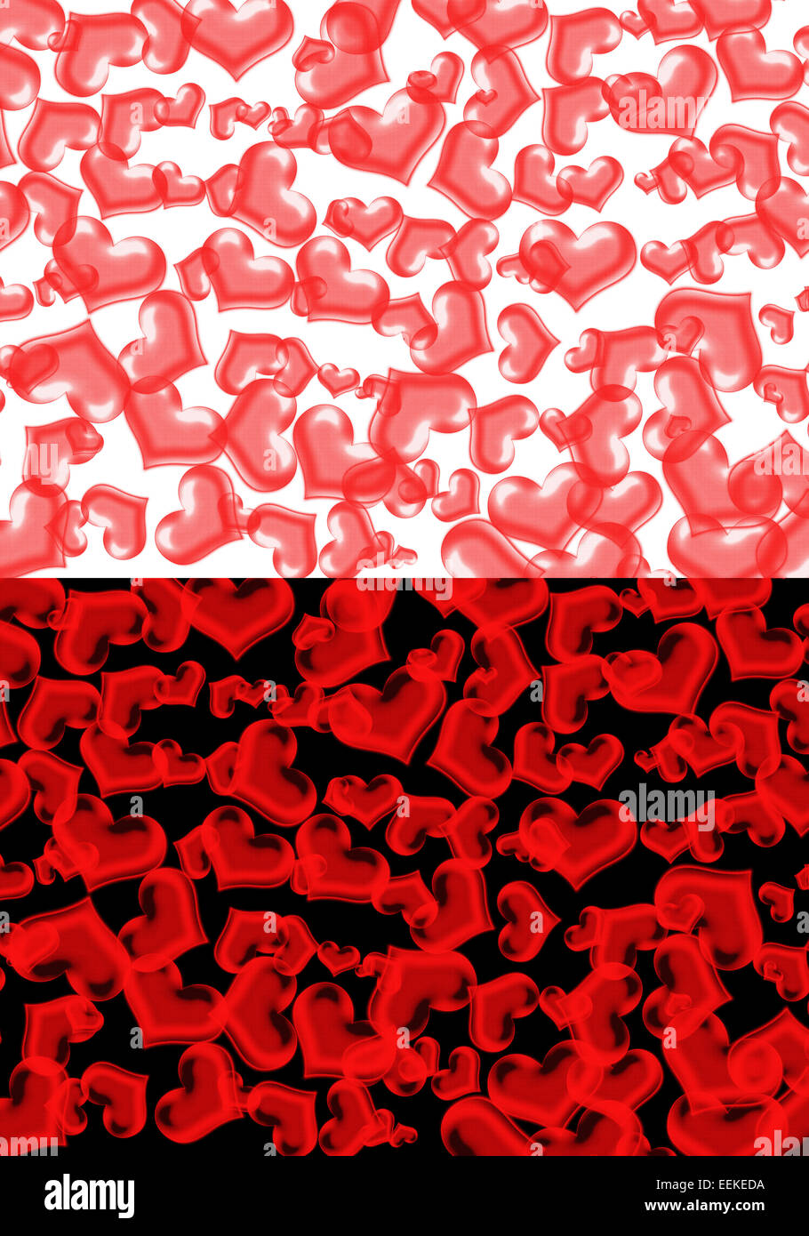 Many sizes red heart on two color white and black background Stock Photo