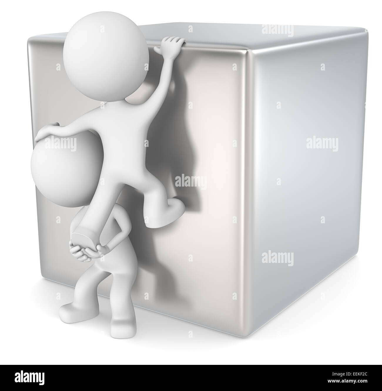 The dude 3D character x2 climbing a metal cube Stock Photo - Alamy
