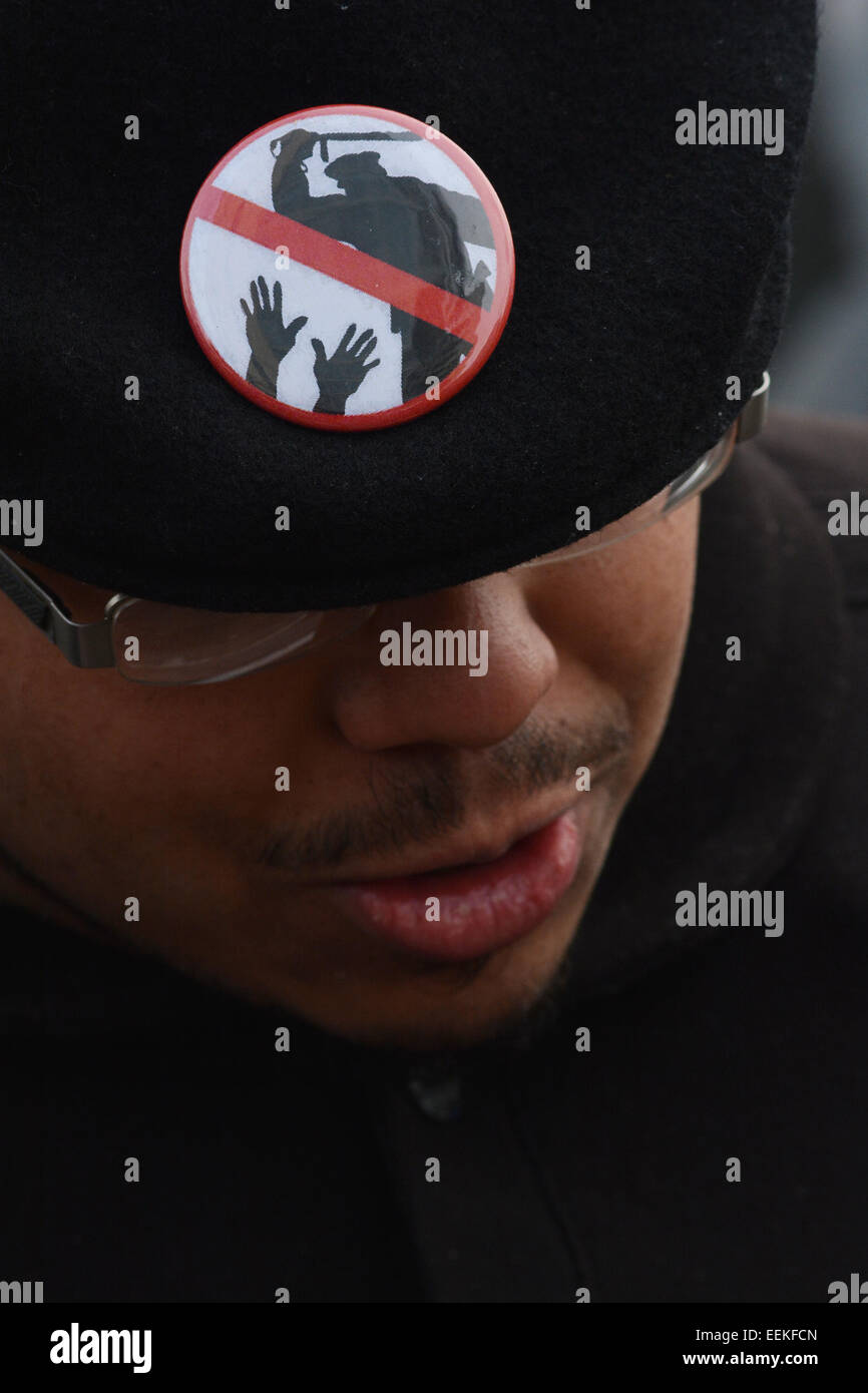 New York, USA. 19th Jan, 2015. Rueben E. Mendez of Perth Amboy, New Jersey, wears a protest button on his hat while talking to a reporter before the DREAM4JUSTICE March Monday, Jan. 19,2015 in Harlem. Credit:  Shoun Hill/Alamy Live News Stock Photo