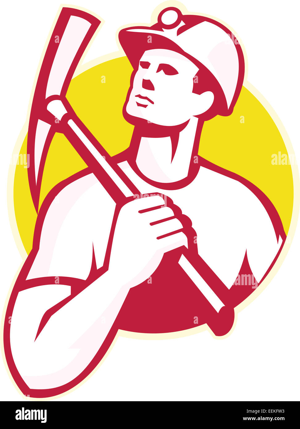 Illustration of a coal miner holding a pick ax on shoulder looking up
