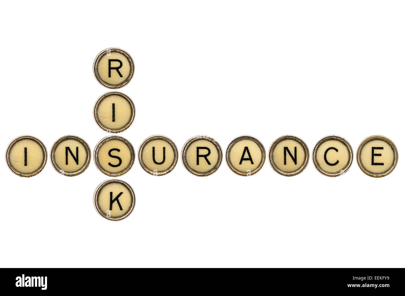 risk and insurance crossword in old round typewriter keys isolated on white Stock Photo
