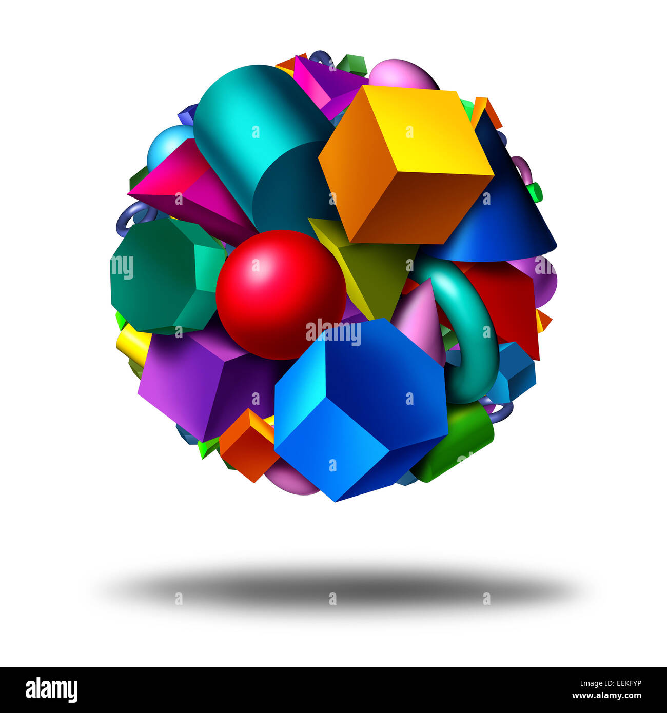 Geometry obects symbol as a group of three dimensional geometric shapes in the form of a globe with figures as a cube sphere cylinder floating on a white background as an education and math learning concept. Stock Photo