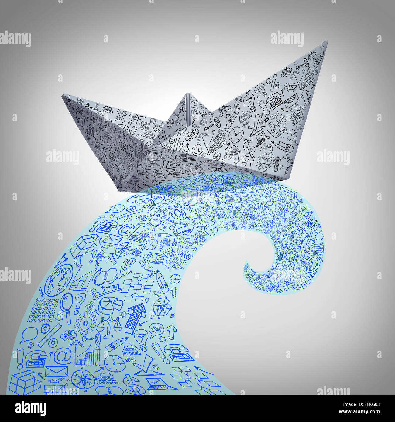 Paper boat business concept on a huge sea wave as a financial management symbol with an origami ship made from an office sheet with icons on the surface. Stock Photo