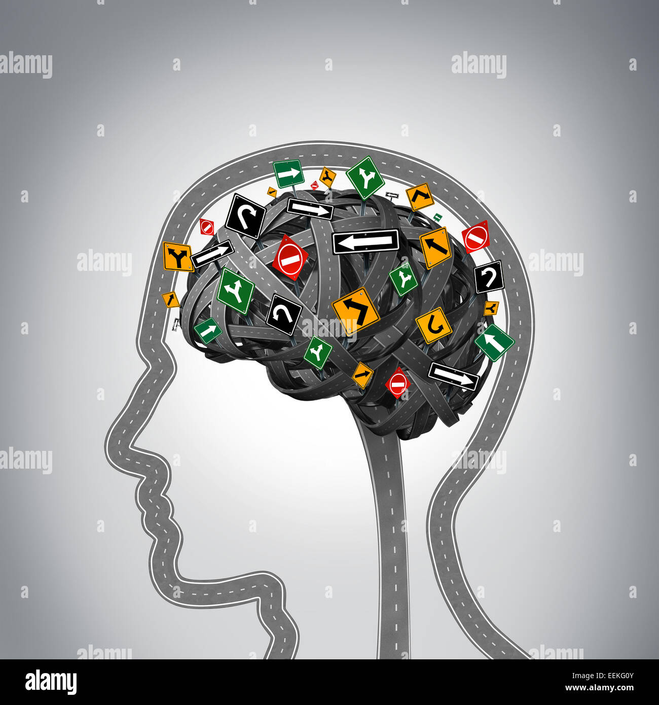 Mental stress and brain health problems as a group of roads and streets shaped as a human head and mind with confused traffic signs as a symbol for psychological issues. Stock Photo