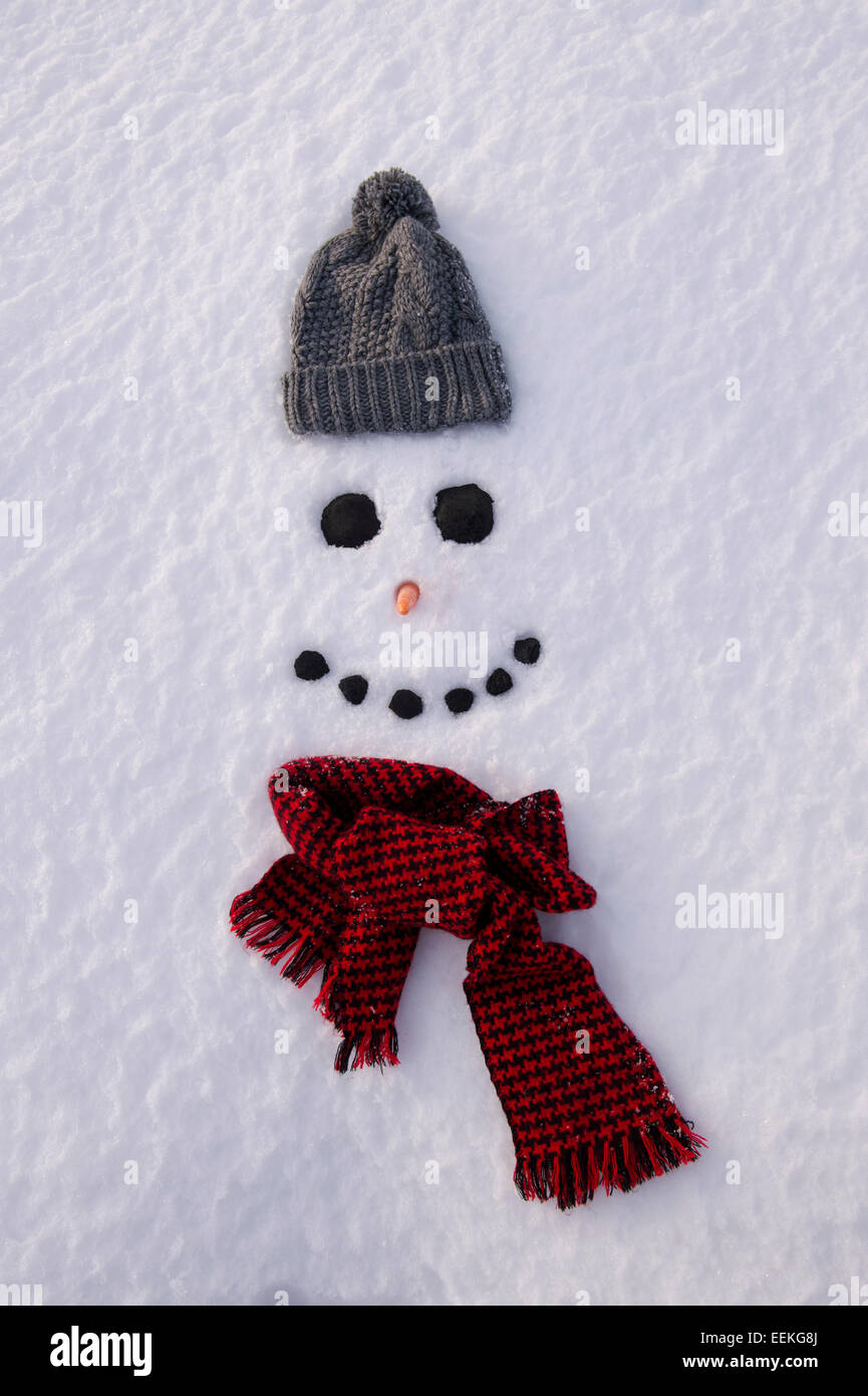 Smiling happy snowman face in snow Stock Photo