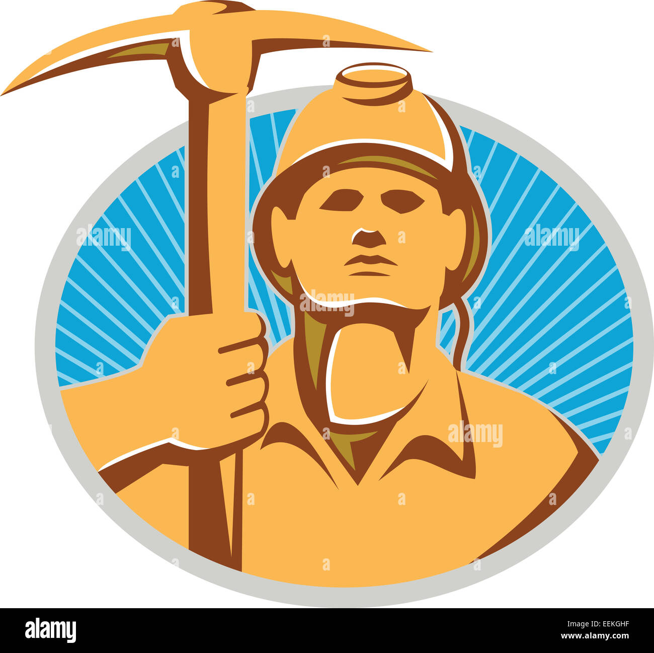 Illustration of a coal miner facing front holding a pick ax set inside