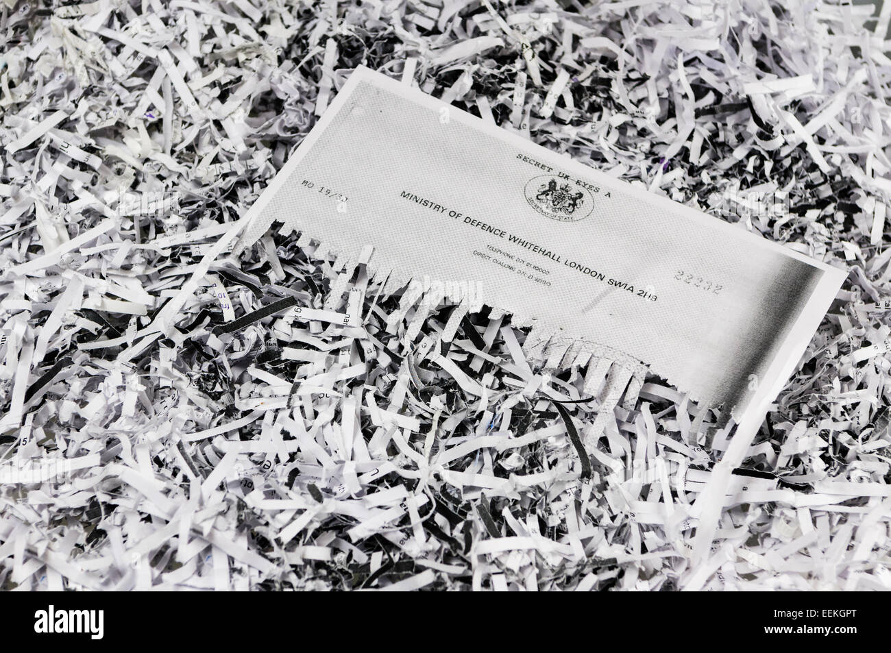 Half shredded 'Secret UK Eyes A' classified Ministry of Defence  correspondence. Stock Photo