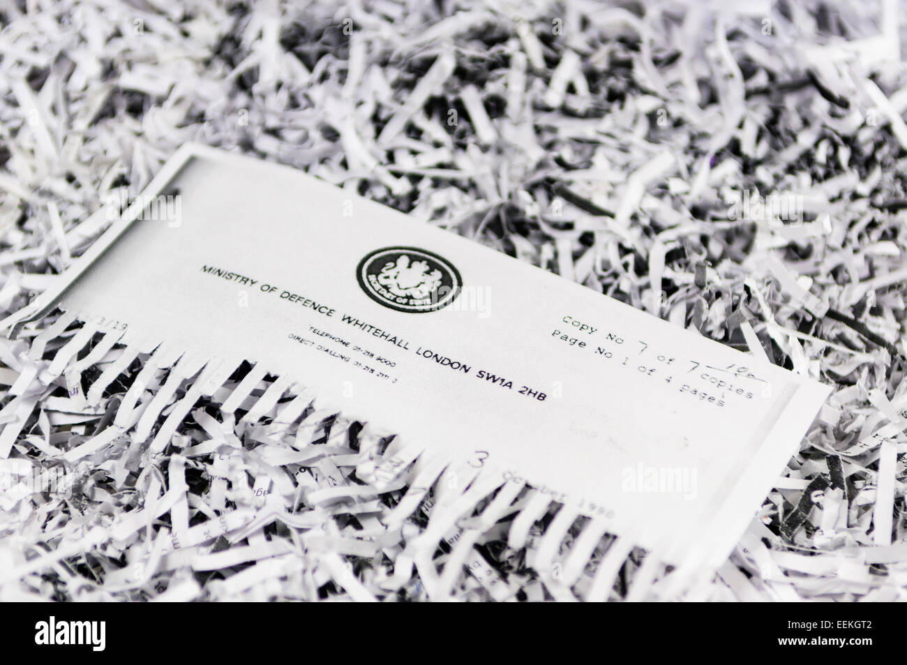 Half shredded classified letter from the UK Ministry of Defence Stock Photo