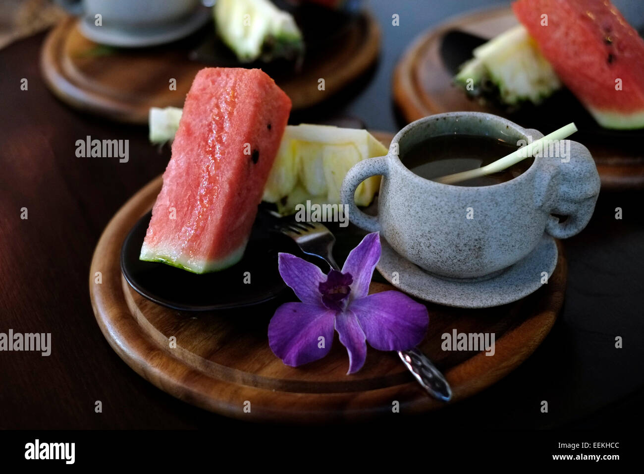 Herbal tea served with sweet watermelon in Bangkok Thailand Stock Photo