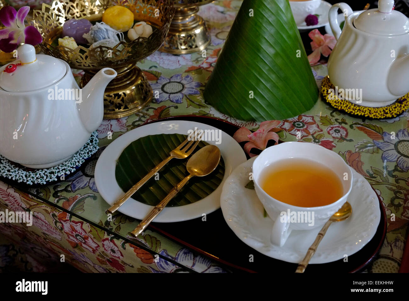 A cup of herbal tea served in the Salon du The cafe in the Museum of Floral Culture focusing on Thai floral culture in Bangkok Thailand Stock Photo