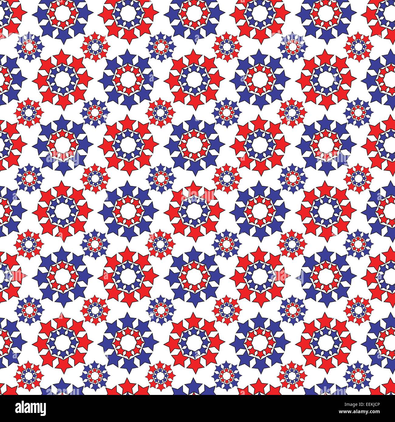 Red and blue stars in big and small circles, a seamless background pattern Stock Photo