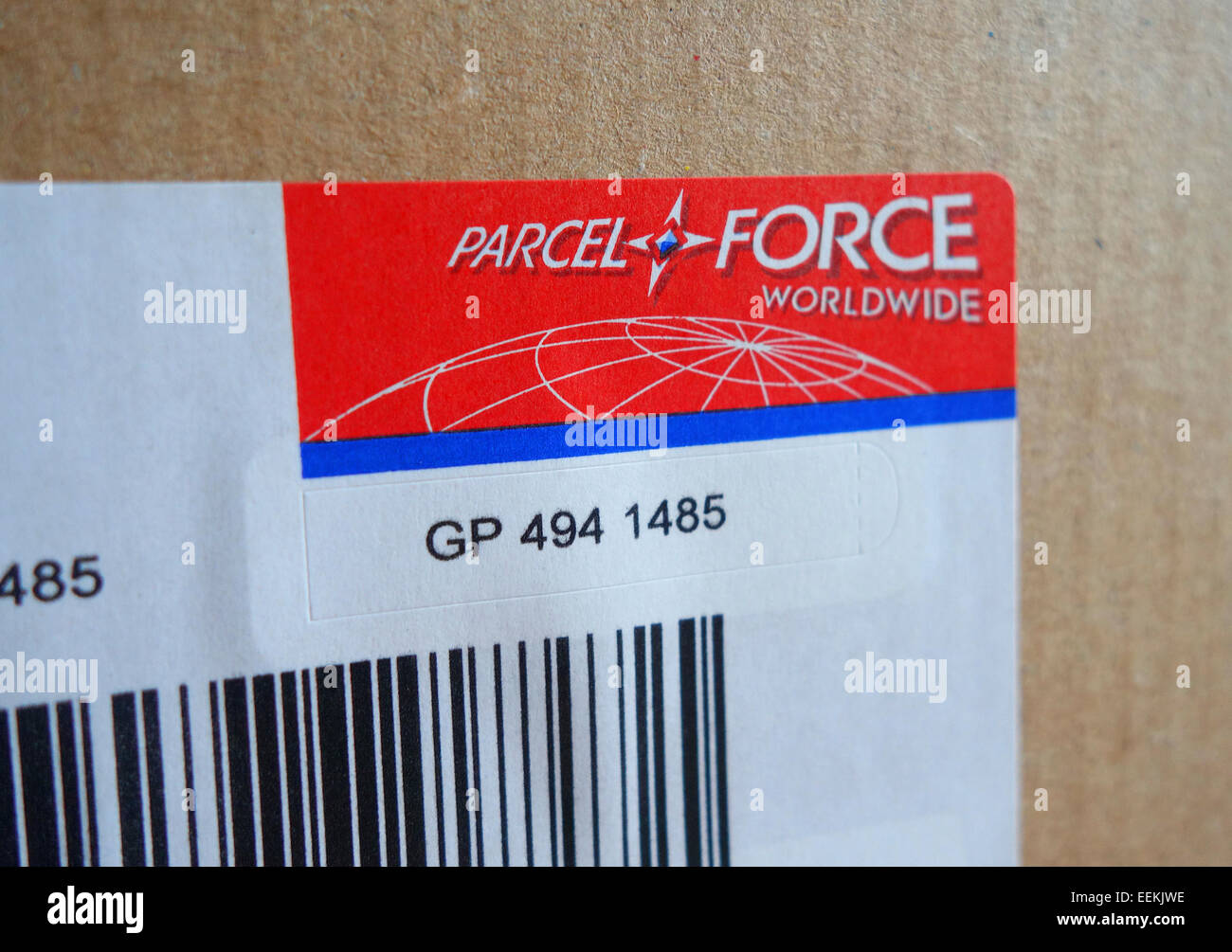 A Parcel Force bar code on package Stock Photo