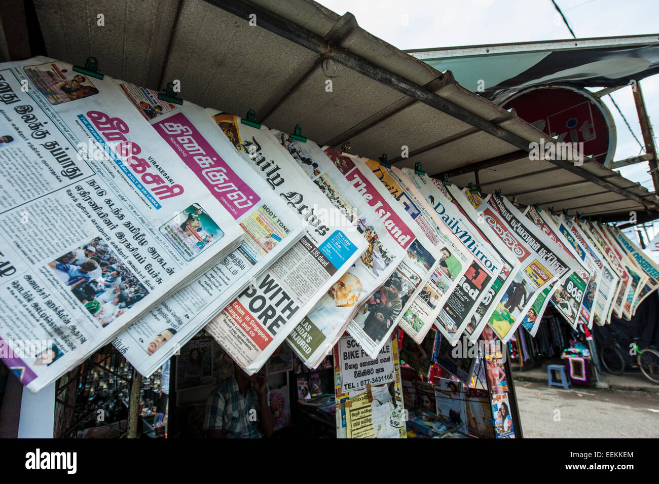 Newspapers on sale in a newsstand in Negombo, Sri Lanka Stock Photo