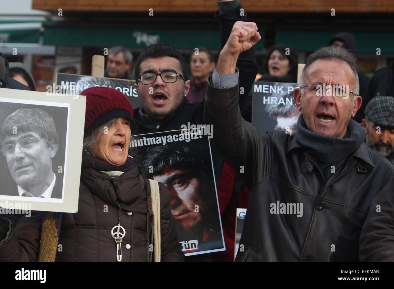 Ankara, Turkey. 19th Jan, 2015. Several thousand protesters in Ankara's Kizilay Square marked the anniversary of Hrant Dink's killing. Attendees chanted ''We are all Hrant Dink'' and ''Murderer state will account for this''. Turkish-Armenian journalist Hrant Dink was shot dead in 2007 in front of the Agos newspaper in Istanbul. Ogun Samast, who was 17 at the time of the killing, was sentenced to 23 years in prison for having committed the murder. Credit:  Tumay Berkin/ZUMA Wire/ZUMAPRESS.com/Alamy Live News Stock Photo