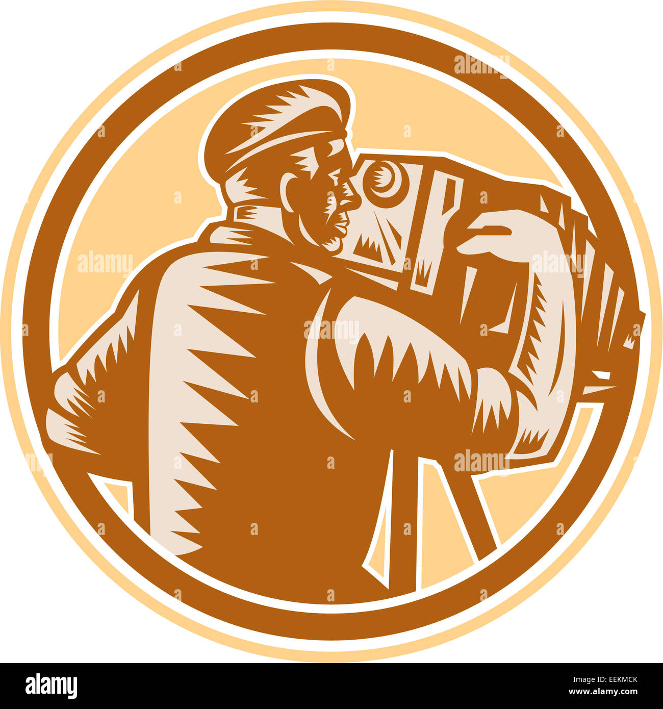 Illustration of a photographer shooting aiming with vintage bellows camera set inside circle on isolated background done in retro woodcut style. Stock Photo