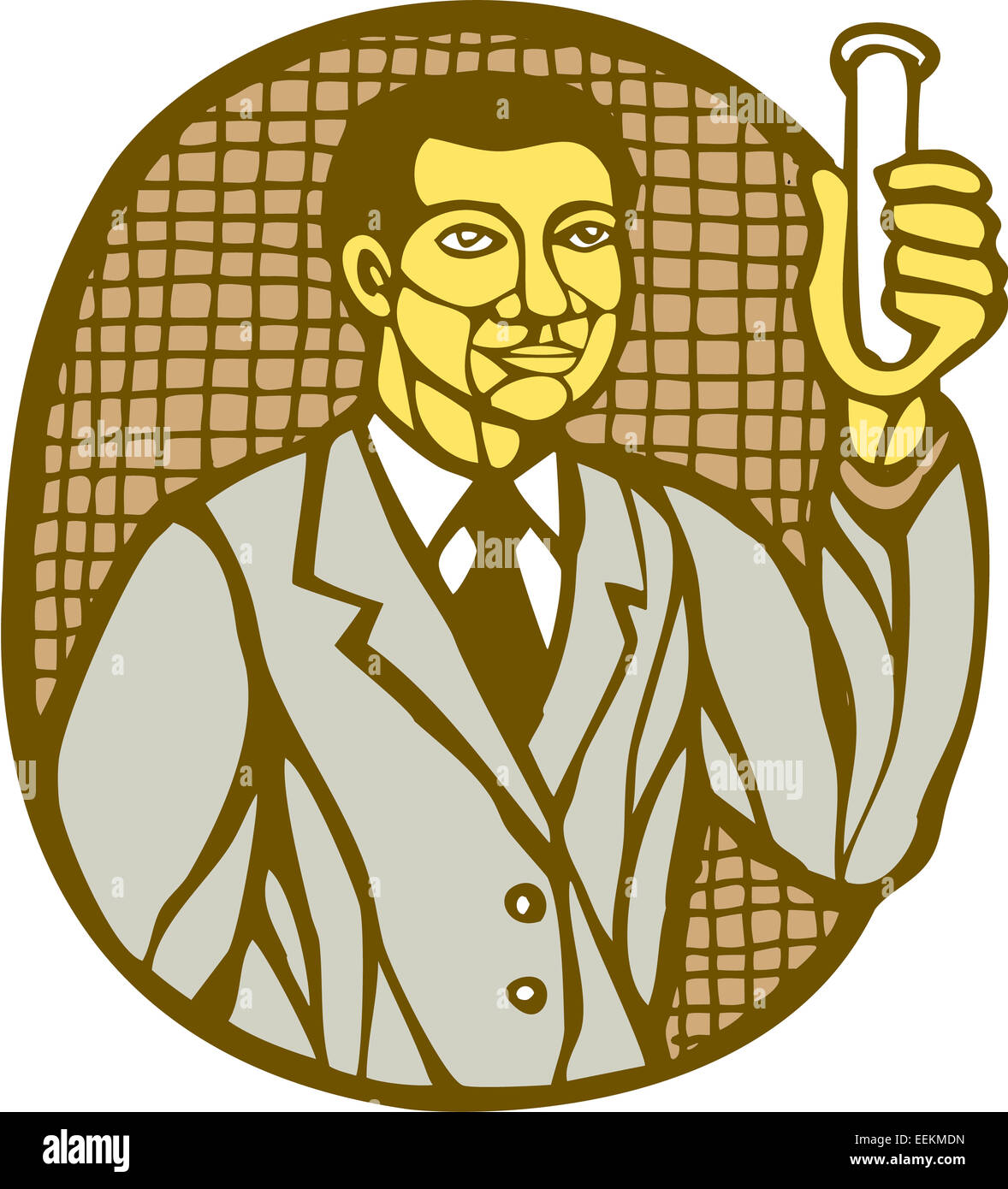 Illustration of an asian scientist holding test tube facing front set inside circle done in retro woodcut linocut style. Stock Photo