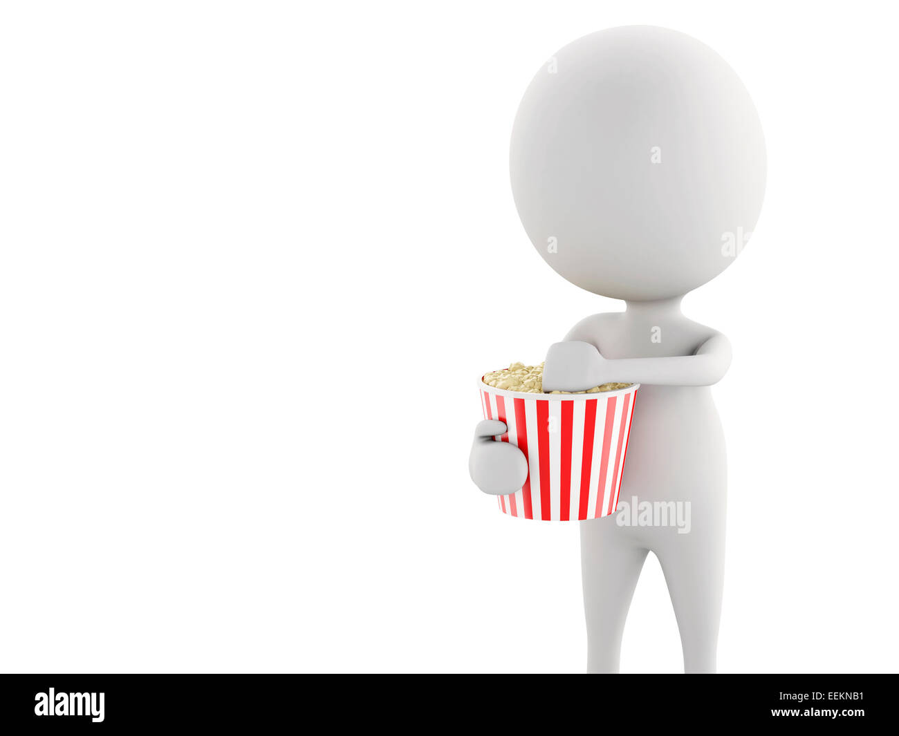 3d renderer illustration. White man with popcorn, cinematography concept.  Isolated white background. Stock Photo