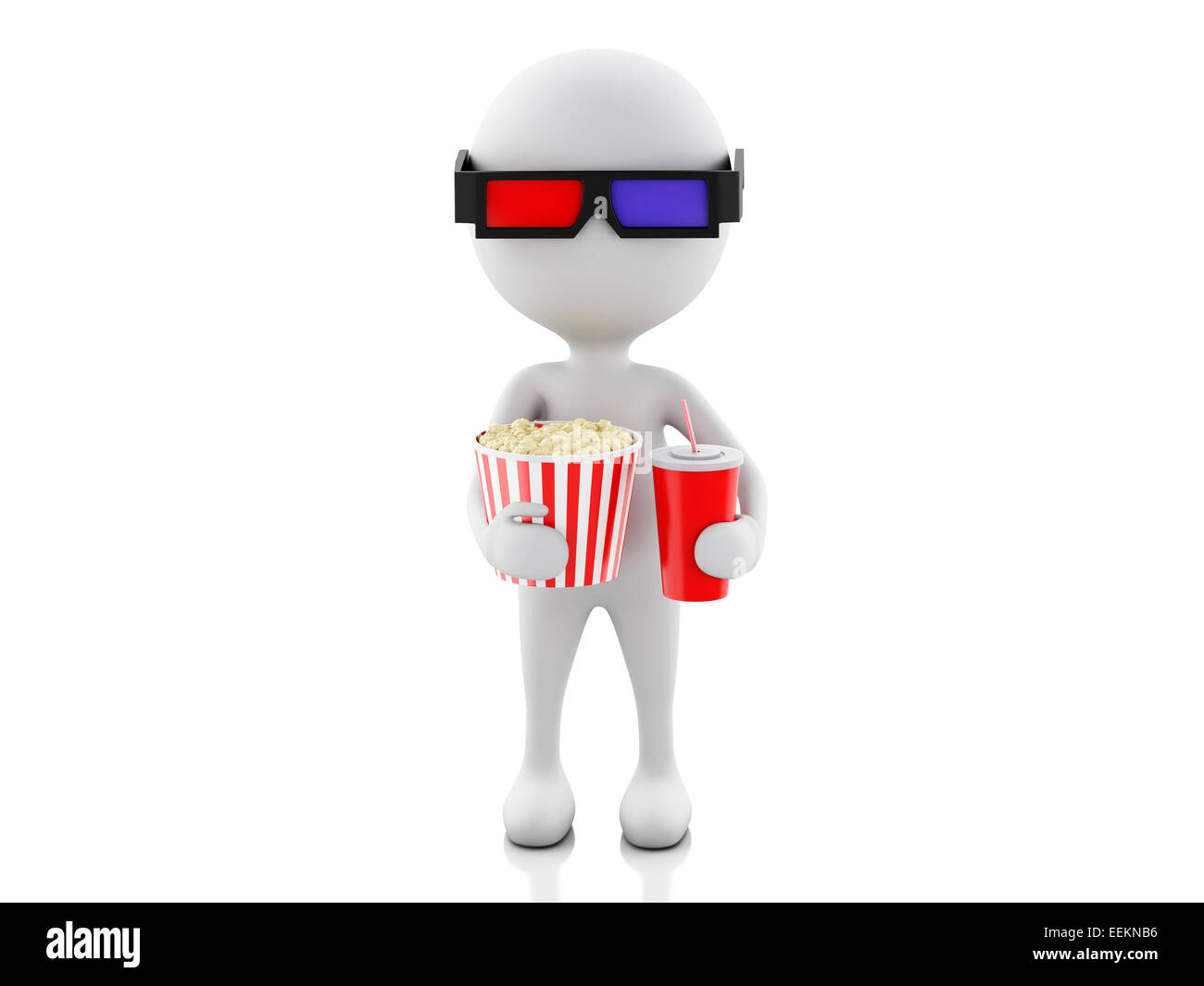 3d renderer illustration. White man with 3d glasses, drink and popcorn, isolated on white background. Stock Photo