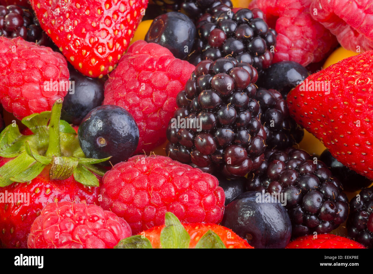 Up Close view of fresh berries of different types, all mixed together. Stock Photo
