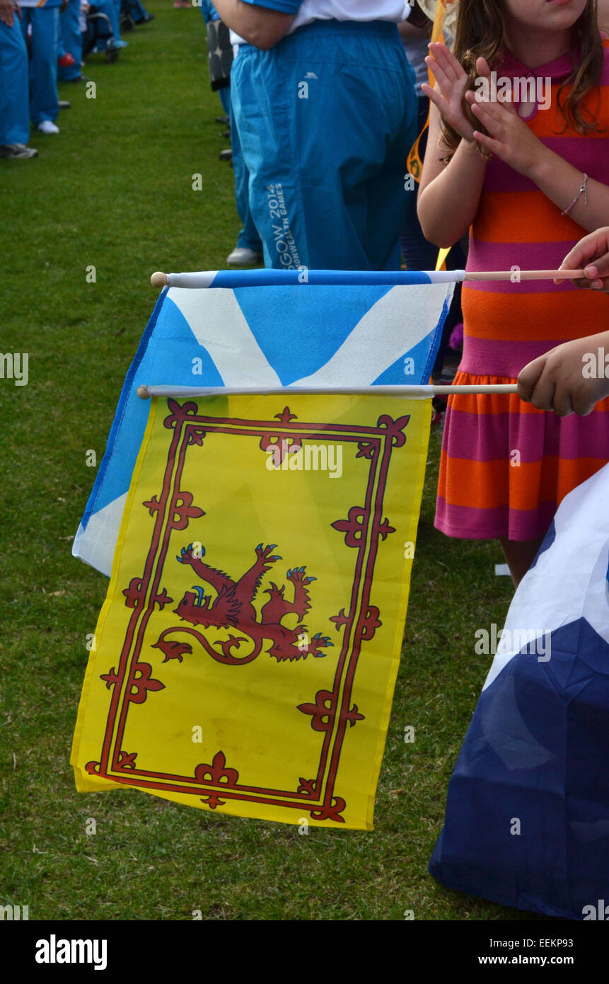 Scottish flags at the Glasgow Commonwealth Games on the finishing line of the Baton Relay in