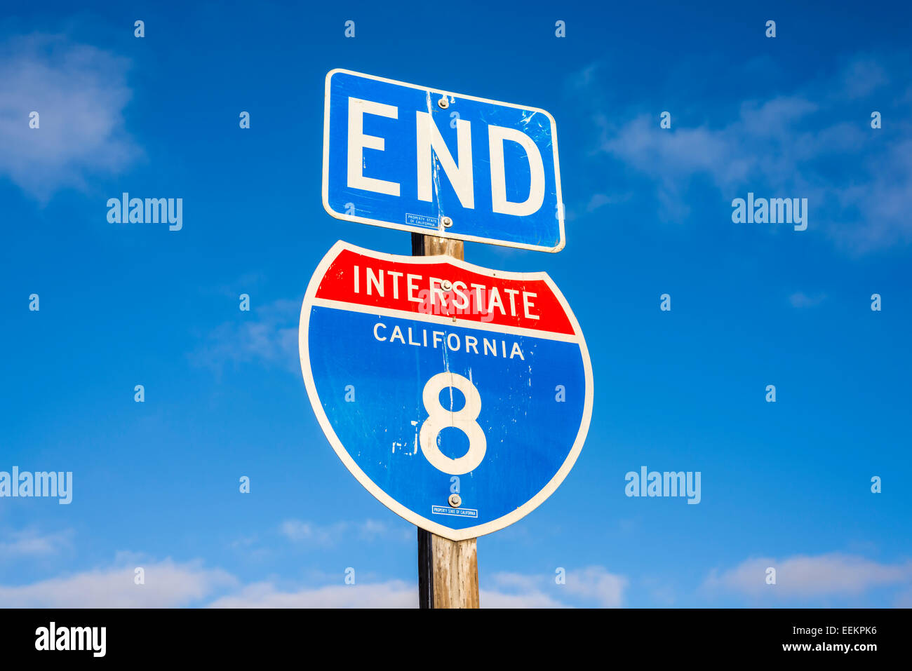 Road Sign Depicting The End Point Of Interstate 8 In California Stock Photo Alamy