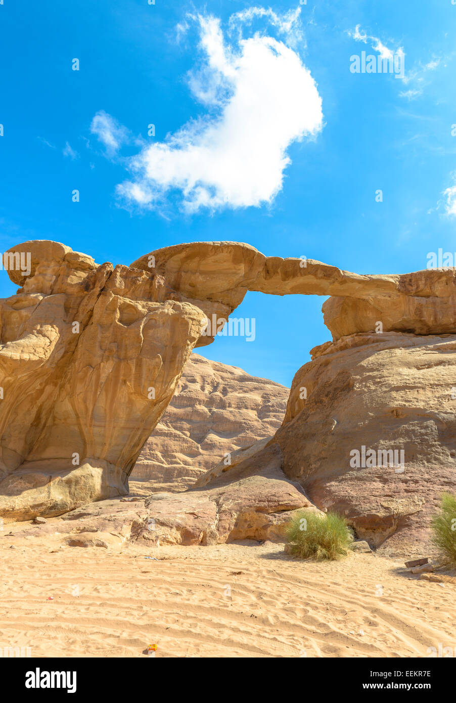 Jabal Umm Fruth Bridge is one of several natural arches in Wadi Rum, Jordan Stock Photo