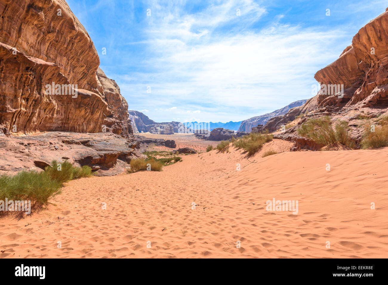 Wadi Rum desert in a sunny day in Jordan Stock Photo