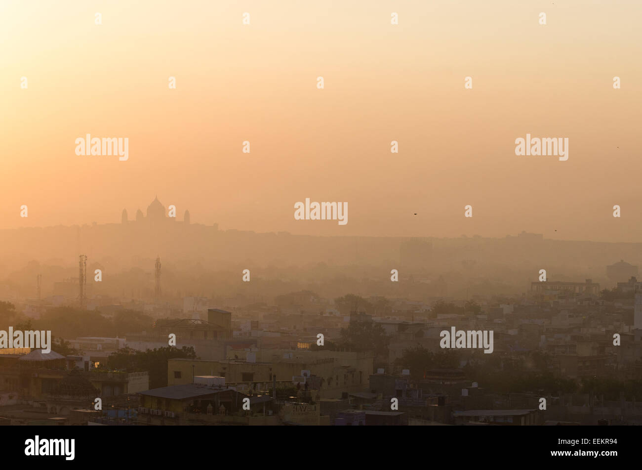 View of Jodhpur cityscape at sunrise, with the Umaid Bhawan Palace, in the distance. State of Rajasthan, Northern India. Stock Photo